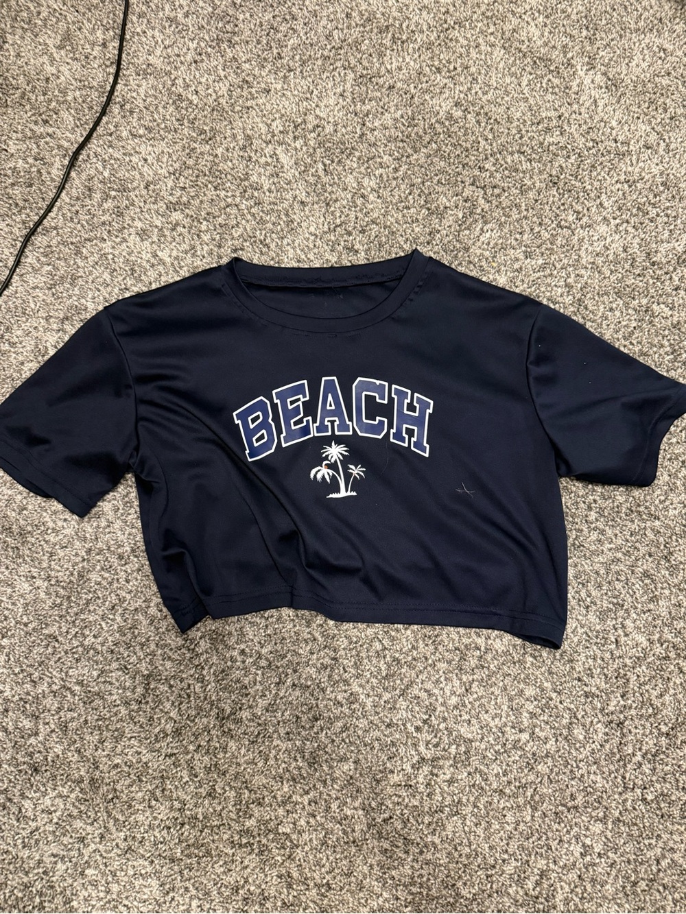 SHEIN Navy 'BEACH' Cropped Tee with Palm Graphic